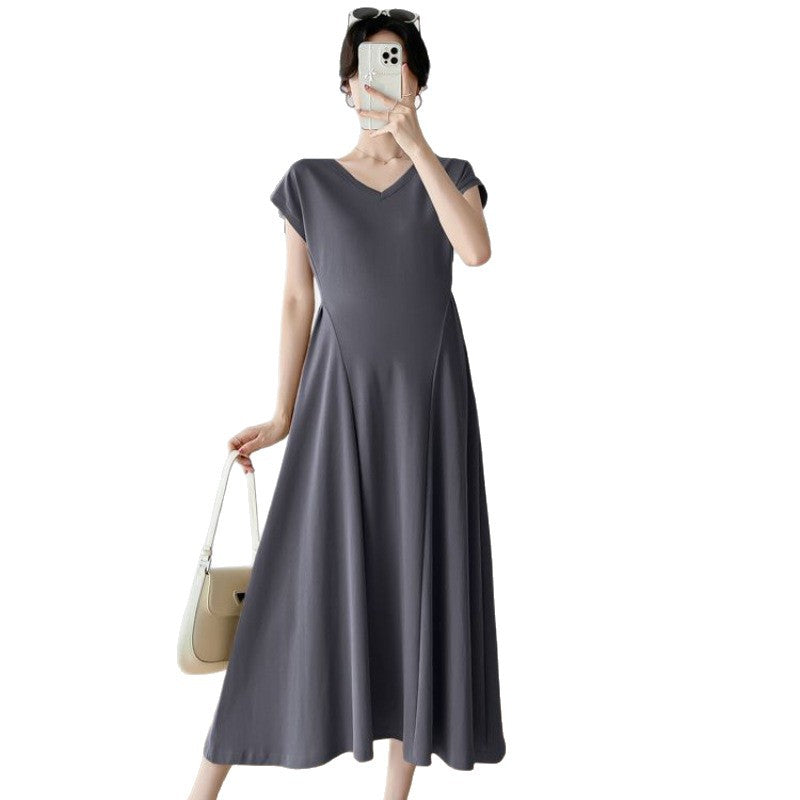 Maternity dress Summer Wear Slimming Elegant V-neck Skirt Summer 2025 New Short-sleeved Long Skirt