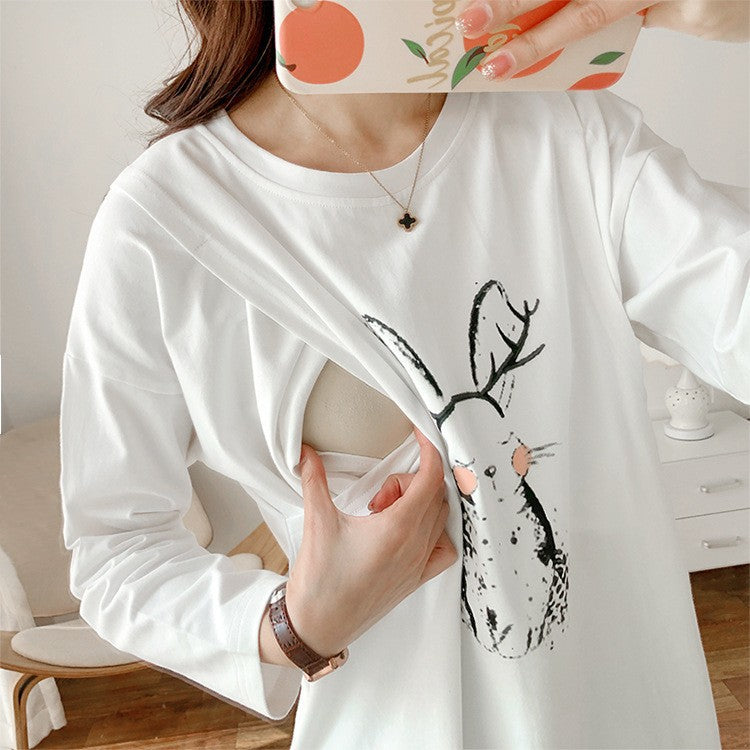 Pregnant Women's Postpartum Breastfeeding Jacket Outer Wear Moon Clothes Long Sleeve Thin T-Shirt Hot Mom's Spring and Autumn Clothes for Breastfeeding Period