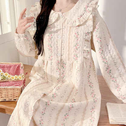 Lunar Clothing Spring and Autumn Air Cotton Thick Postpartum Breastfeeding dress Doll Collar Pregnant Women Pajamas for Outer Wear