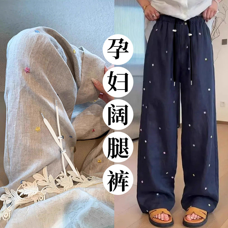 Maternity Pants with Floral Embroidery, Casual Linen Wide-Leg Pants, 2025 Summer New Loose Slimming Versatile Straight Maternity Pants