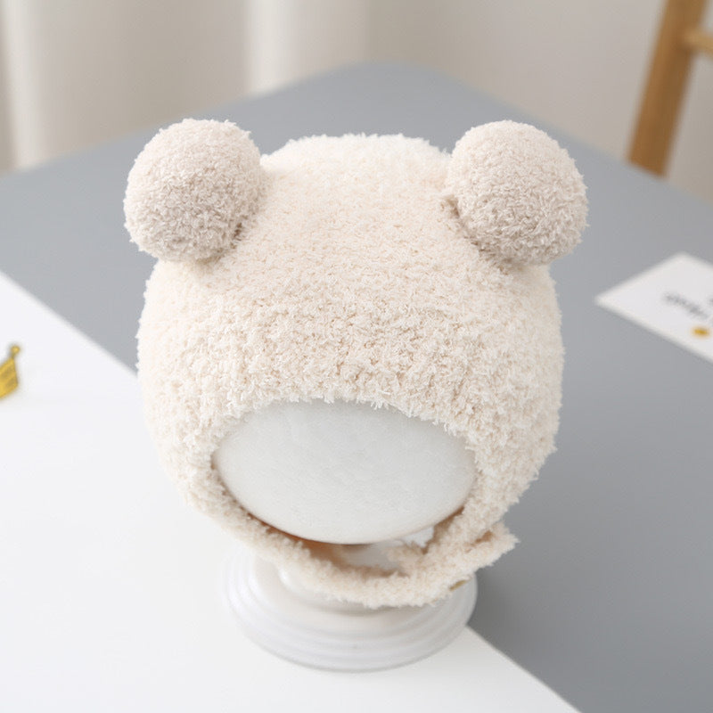 Autumn and winter children's plush bear hat scarf two-piece fleece-lined warm scarf cute plush hat baby