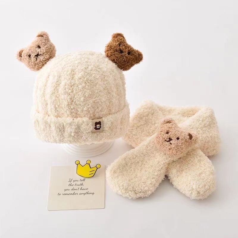 Autumn and winter children's plush bear hat scarf two-piece fleece-lined warm scarf cute plush hat baby