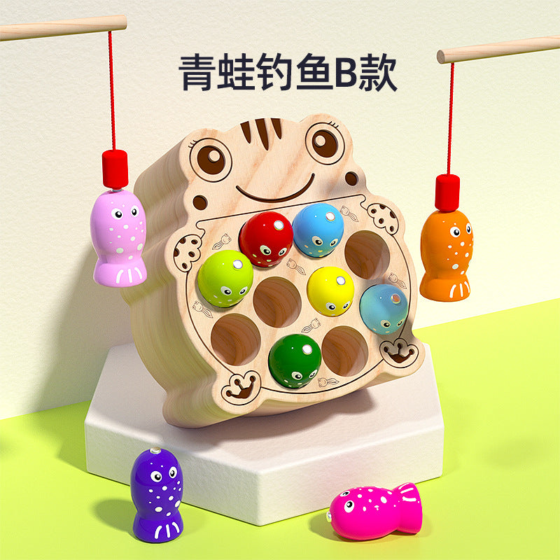 Wooden Ball Kidsren's Wooden Magnetic Kitten Fishing Game Pretend Play Magnetic Early Education Baby Toy Fishing Rod