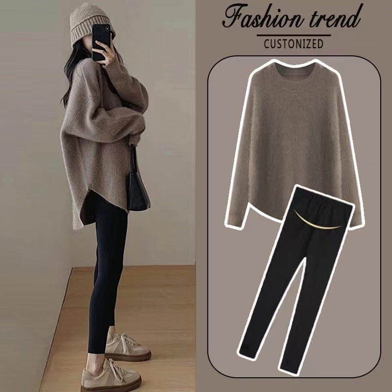 2025 Maternity Sweater Long-Sleeved Top, Lazy Style Loose Round Neck Autumn and Winter New Style Side Slit Loose Top