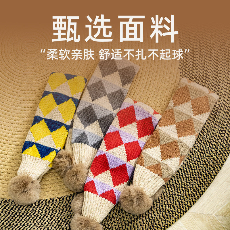 Plaid Retro Kidsren's Scarf Knitted Fur Ball Cross Scarf Autumn and Winter Warm and Cute Soft Windproof Scarf for Boys and Girls