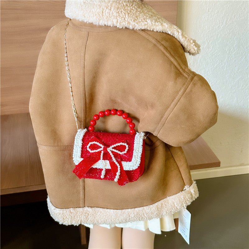 Children's New Year Red Envelope Korean Style Bow Pearl Small Square Bag Princess Shoulder Crossbody Mini Change Accessories Small Bag
