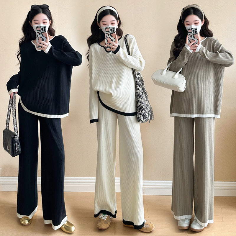 Spring 2025 New Pregnant Mother plus size V-neck Contrast Color Stitching Knitted Lazy Elegant Fashion Loose suit