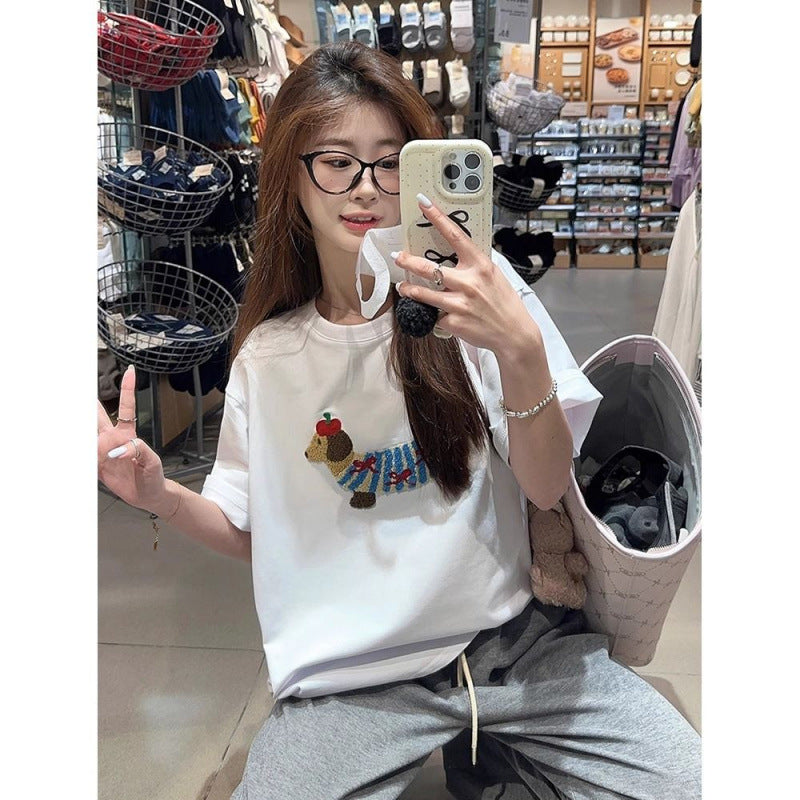 Summer Nursing Clothes Without Zippers for Going Out, Hot Mom Style Pure Cotton Thin Summer Towel Embroidered Puppy Feeding Tops