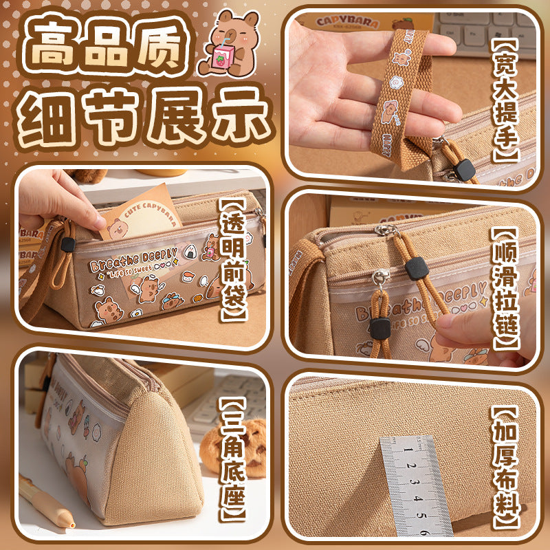 Double-Layer Capibara Pencil Case 2025 New Model Large Capacity Transparent Stationery Box for Girls and Boys Primary School Students Pencil Bag