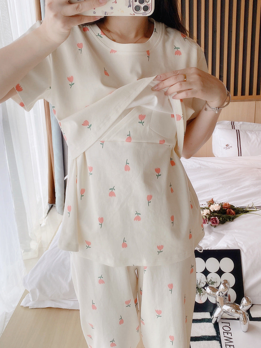 Spring and Autumn Cotton Short Sleeve Suit with Chest Pad Three-Piece Breastfeeding Pajamas Summer Pregnant Women Feeding