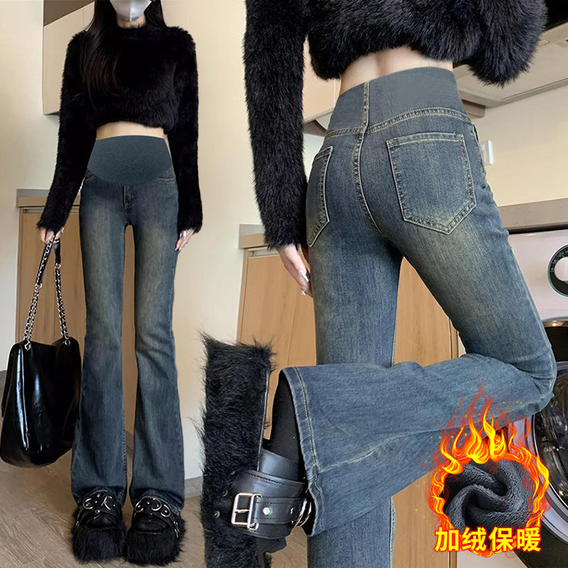 Pregnant women's flared pants cement gray autumn and winter jeans belly pants simple casual pants
