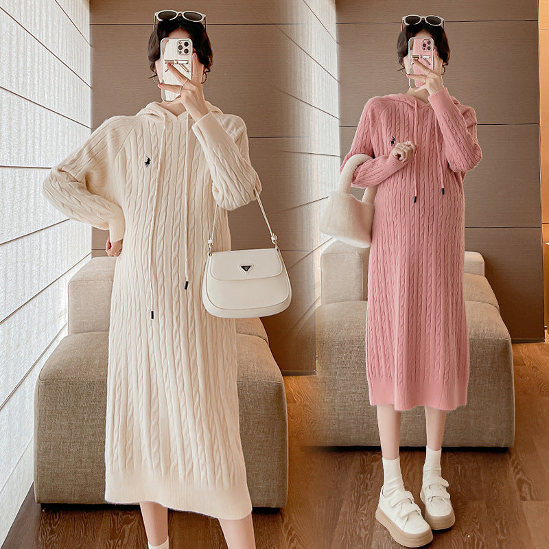 2023 Autumn/Winter New Maternity Versatile Dress Slimming Ribbed Sweater Dress Thick