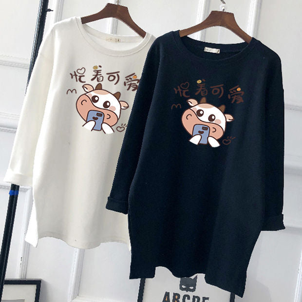 Pregnant Women's Autumn Cotton Top Mid-length Long-sleeved Loose Korean Fashion Trendy Mom's Pregnancy T-shirt Winter Base Shirt