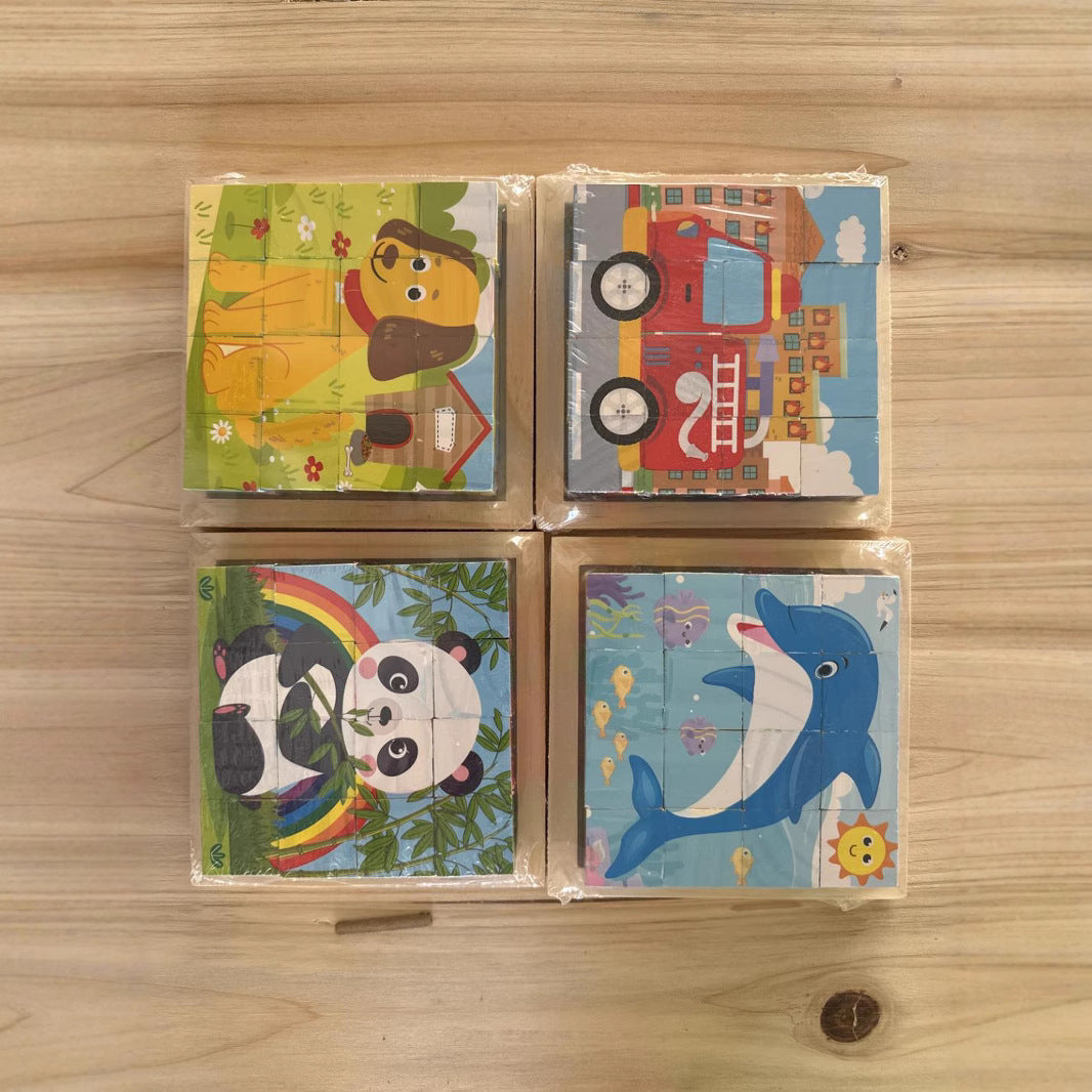 New 3D Stereo Six-Sided Painting 12-Piece Wooden Puzzle Building Blocks 3-6-7-Year-Old Kidsren's Kindergarten Educational Toys