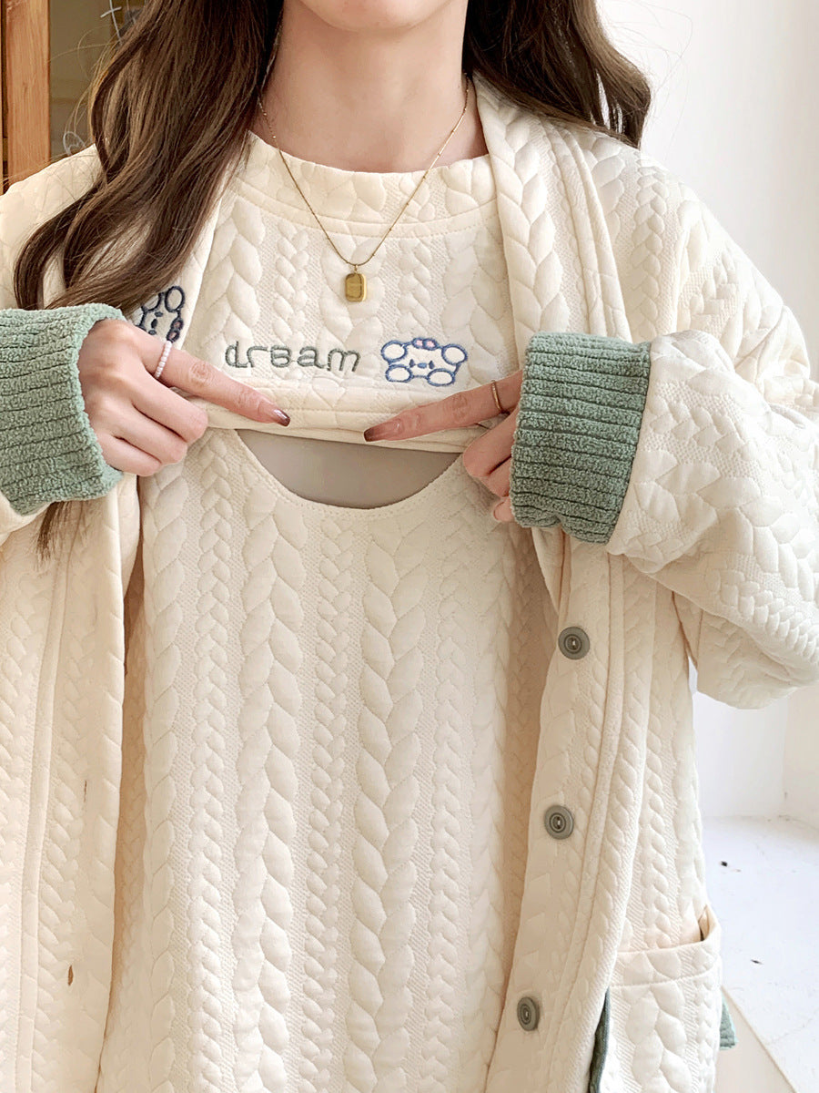 Lunar Clothing Spring and Autumn Air Cotton Postpartum Lactation Three-piece Set Pregnant Women's Pajamas Winter Wear in Delivery Room