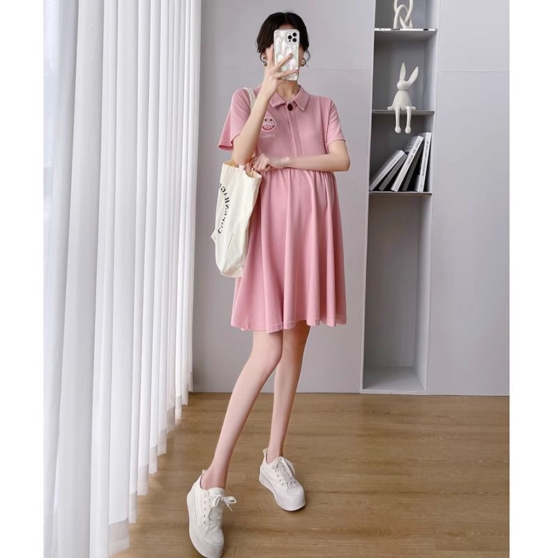 Pregnant Women's Dress Women's Summer Trendy Mom Thin Short-sleeved Top Pink Polo Collar Fashion Nursing Summer Dress