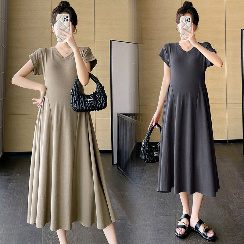 dress Maternity Summer Women's Online Celebrity V-neck Fashionable Temperament Girdle Slimming Belly Covering A- line dress Maternity