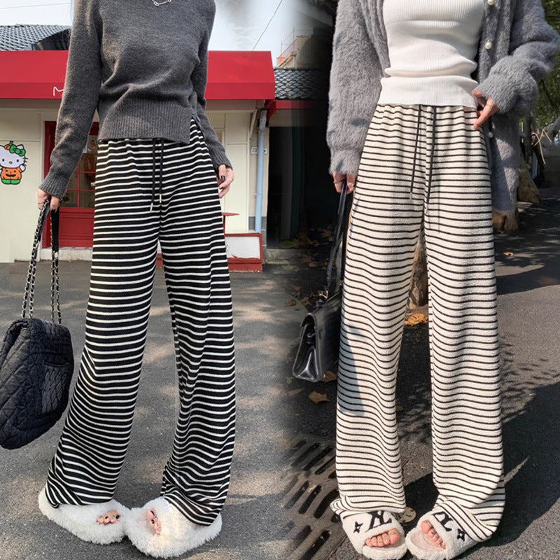 Maternity fleece-lined Black and White Striped Towel Velvet Wide Leg Pants Autumn and Winter New Loose Drawstring Sports Pants Casual Pants