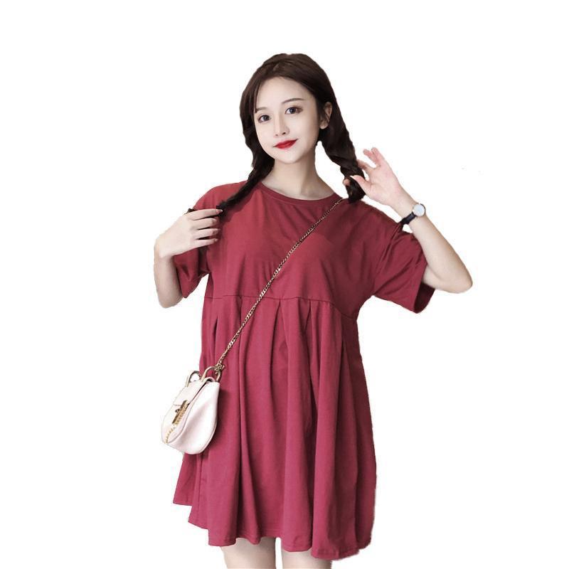 Maternity dress 2025 Summer Korean Loose plus size Slimming Sweet Short Sleeve Retro Long A- line Dress