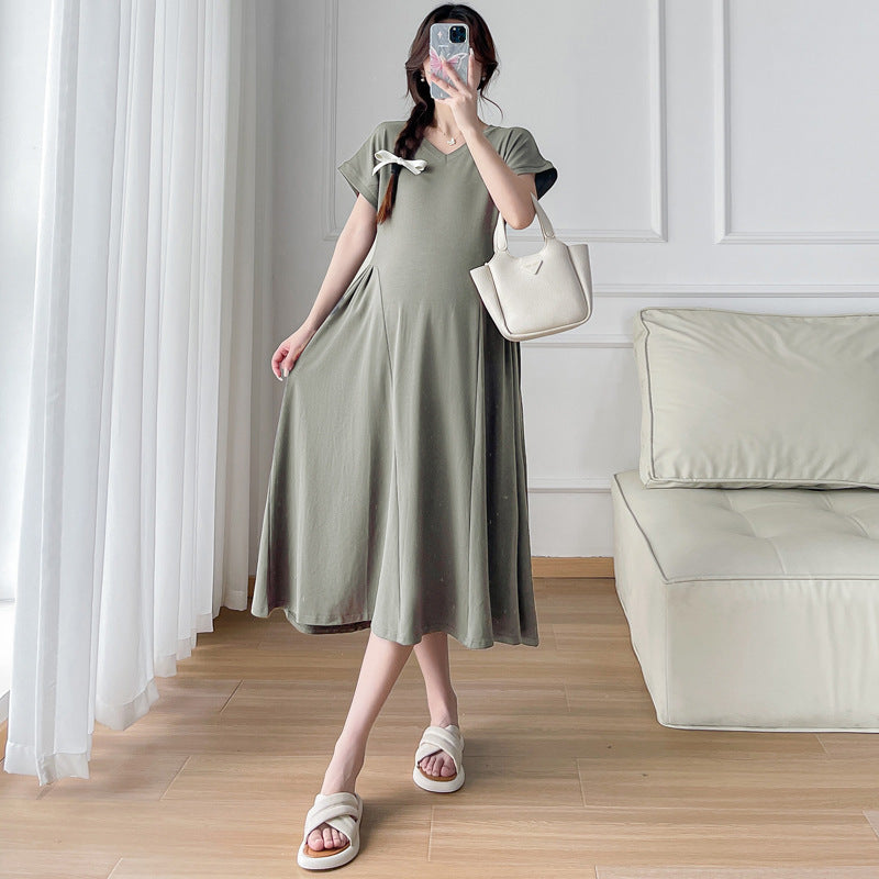 Pregnant Women's Summer Fashion Design Feeling Temperament Waist Slimming Belly Covering Pregnant Women's dress New Korean Style Pregnant Women's Dress