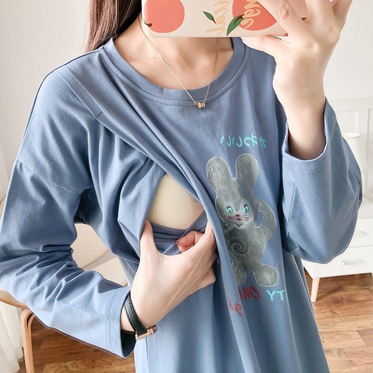 Pregnant Women's Postpartum Breastfeeding Jacket Outer Wear Moon Clothes Long Sleeve Thin T-Shirt Hot Mom's Spring and Autumn Clothes for Breastfeeding Period