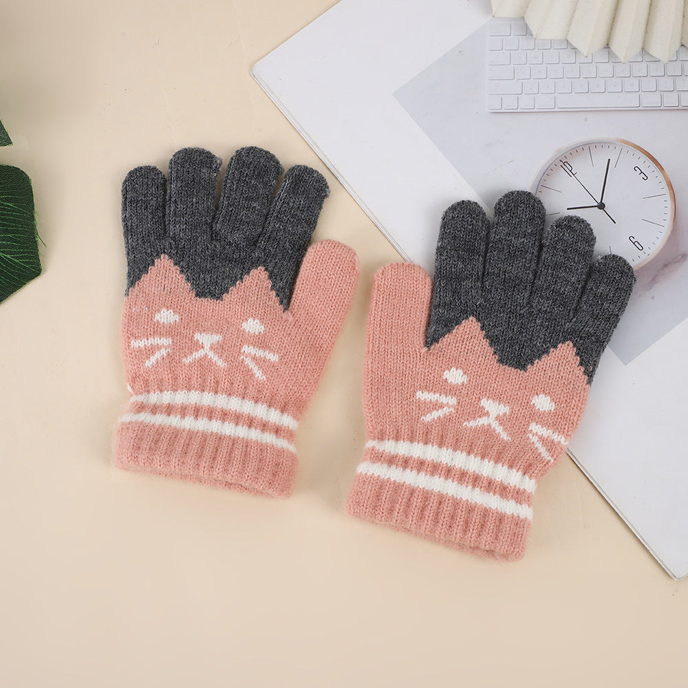 Winter Kidsren's Gloves Are Warm and Velvet to Prevent Cold. Primary School Students Write Boys and Girls Baby Sets Jacquard Gloves Kittens