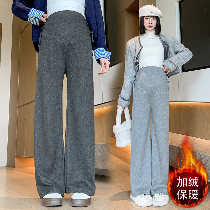 Pregnant women's pants 2024 new pregnant women's pants autumn and winter fleece-lined small pregnancy wide leg pants drawstring straight tube pants