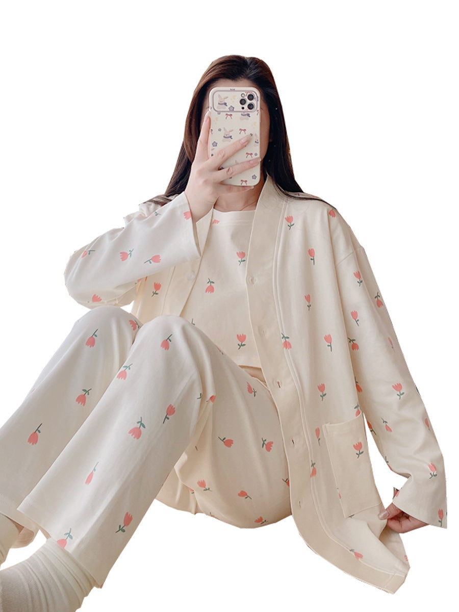 Spring and Autumn Cotton Short Sleeve Suit with Chest Pad Three-Piece Breastfeeding Pajamas Summer Pregnant Women Feeding