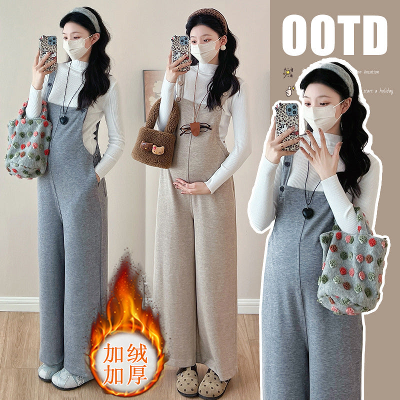 fleece-lined pregnant women's suspenders for autumn and winter 2024 new fashion outro simple loose casual adjustable jumpsuit