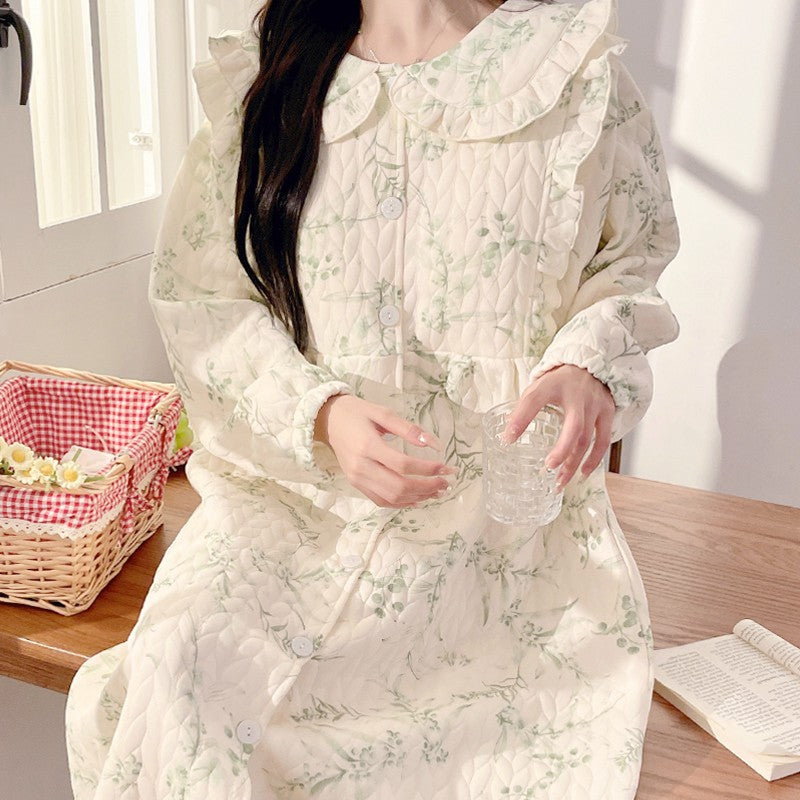 Lunar Clothing Spring and Autumn Air Cotton Thick Postpartum Breastfeeding dress Doll Collar Pregnant Women Pajamas for Outer Wear