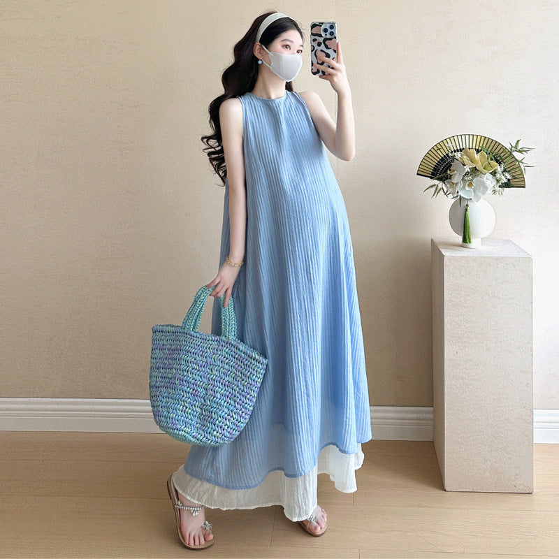 Internet Celebrity Maternity 2025 Summer New Pregnant Mother Design Feeling Dew Loose Stitching Sleeveless Long Pregnant Women dress