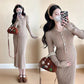 Internet Celebrity Maternity Dress Fashion Elegant Slimming Mid-length Knitted New Solid Color Lapp Fashion Pregnant Women dress