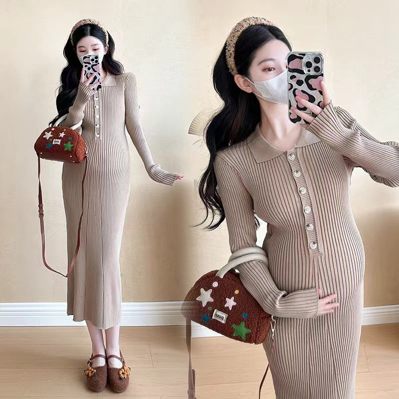 Internet Celebrity Maternity Dress Fashion Elegant Slimming Mid-length Knitted New Solid Color Lapp Fashion Pregnant Women dress