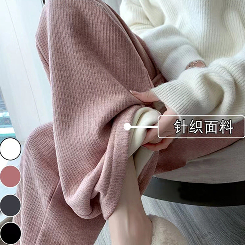 Pregnant women's cashmere striped new wide-leg pants chenille autumn and winter drape fleece-lined straight mop pants trousers