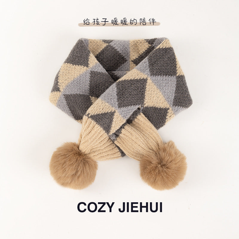 Plaid Retro Kidsren's Scarf Knitted Fur Ball Cross Scarf Autumn and Winter Warm and Cute Soft Windproof Scarf for Boys and Girls