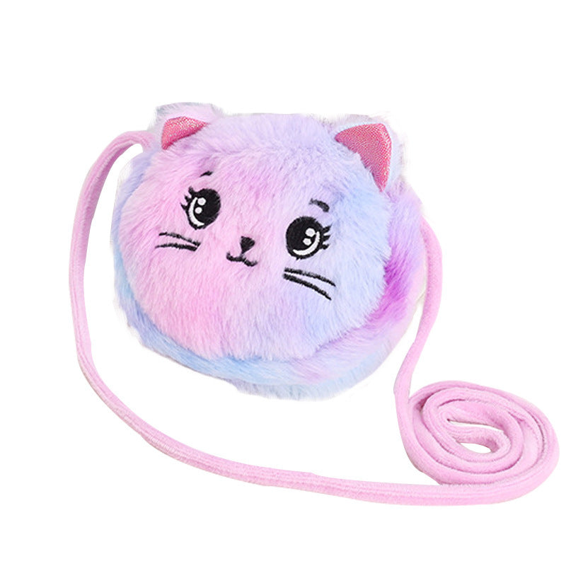 Children's Cat Plush Crossbody Bag Girl's Heart Cute All-match Cartoon Shoulder Crossbody Bag Double Zipper Coin Purse