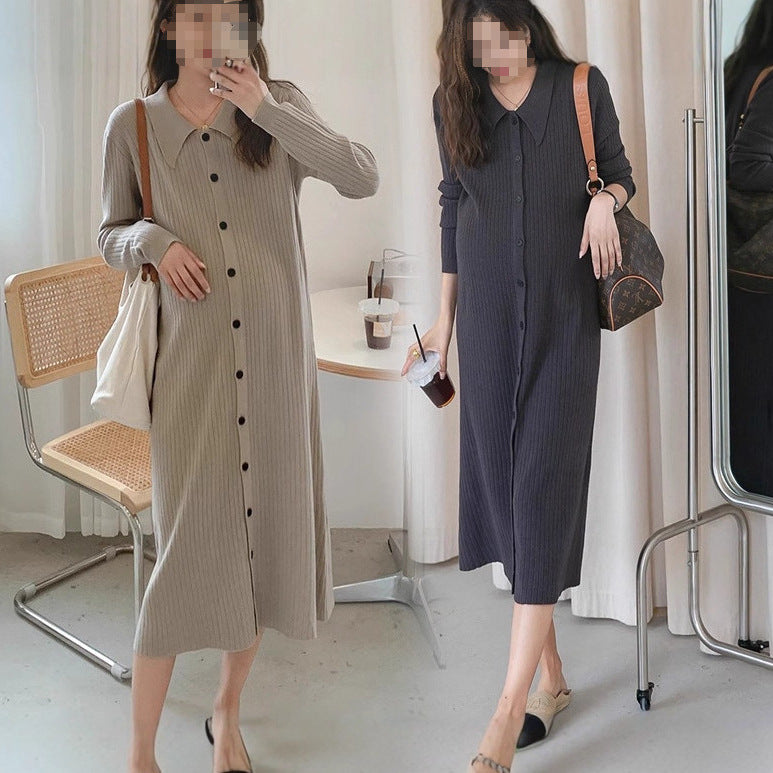 Pregnant women autumn dress 2024 new fashion French sweet doll collar knitted dress