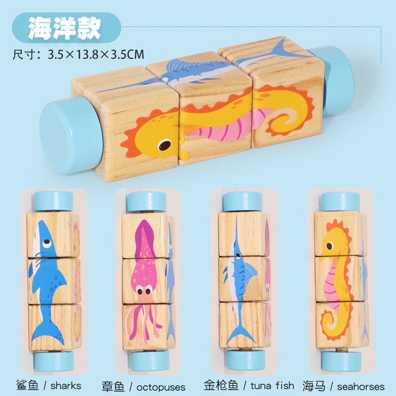 Cecpc Kidsren's Early Education Rotating Building Block Puzzle Baby Animal and Fruit Cognition Wooden Educational Toys for 1-2-3 Years Old