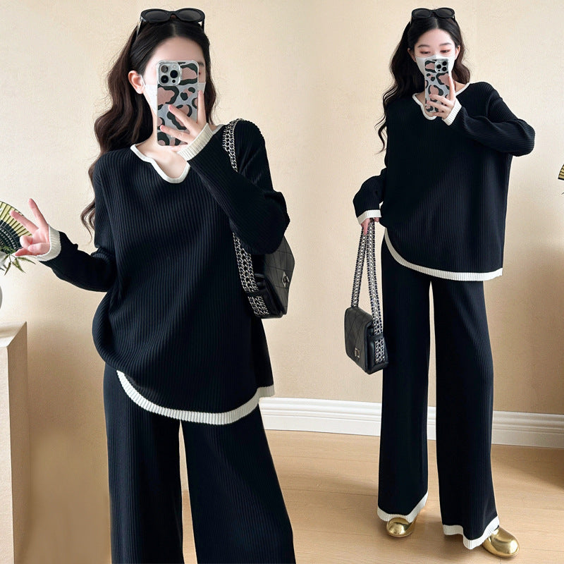 Spring 2025 New Pregnant Mother plus size V-neck Contrast Color Stitching Knitted Lazy Elegant Fashion Loose suit