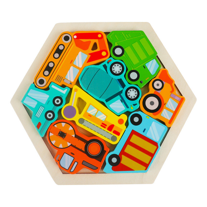 Cross-Border Children's Wooden Three-Dimensional Hexagonal Puzzle Animal Transportation Puzzle Building Blocks Early Education Educational Toys