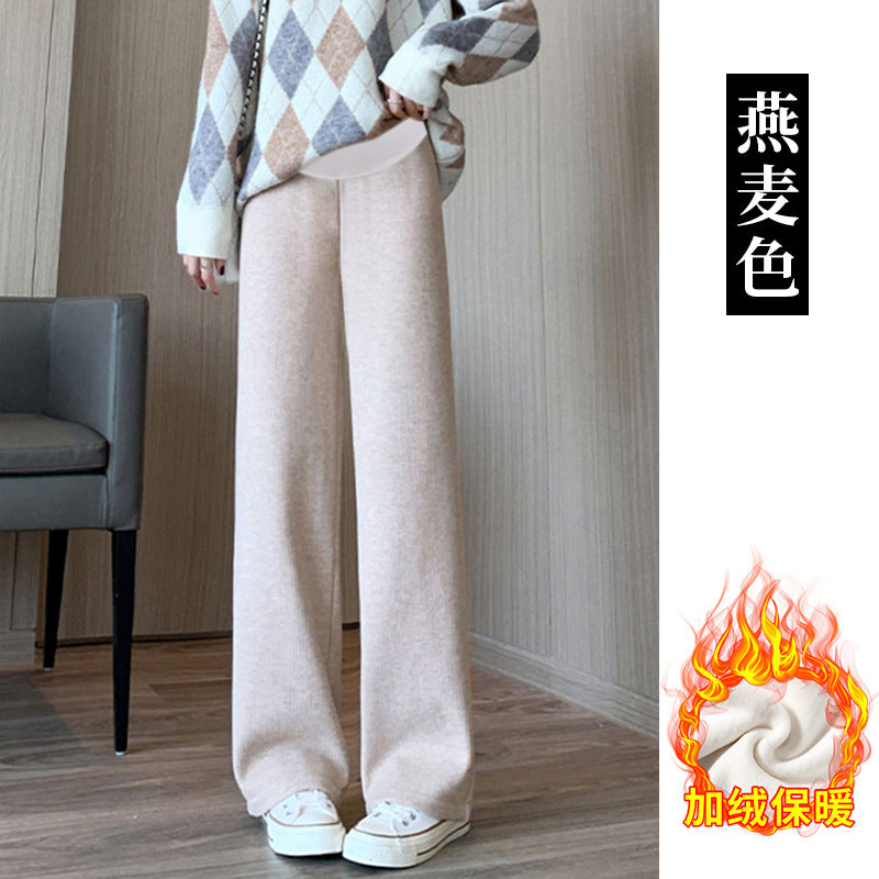 Pregnant women's cashmere striped new wide-leg pants chenille autumn and winter drape fleece-lined straight mop pants trousers