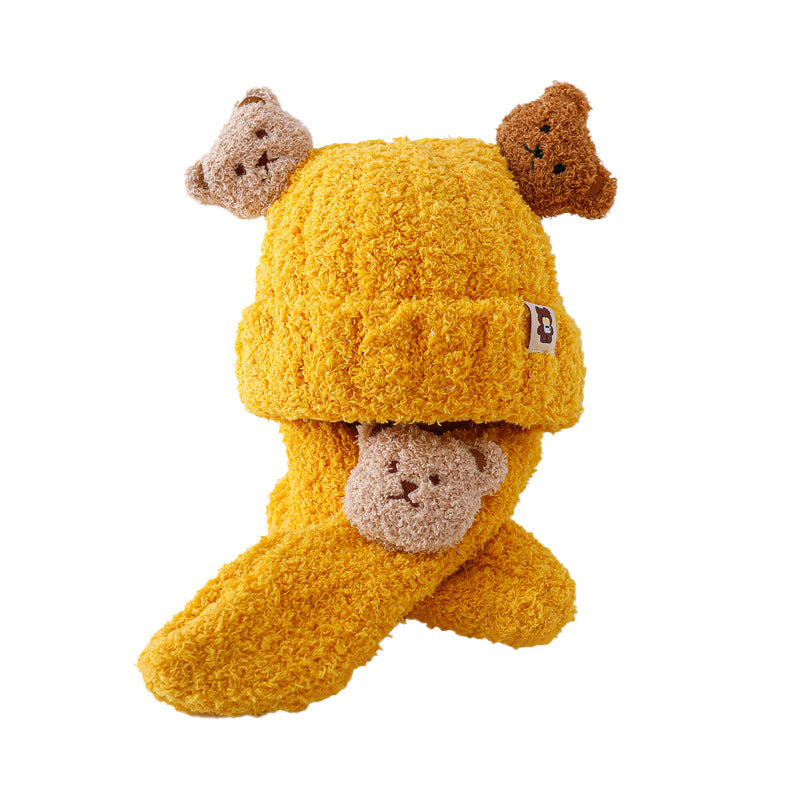 Autumn and winter children's plush bear hat scarf two-piece fleece-lined warm scarf cute plush hat baby