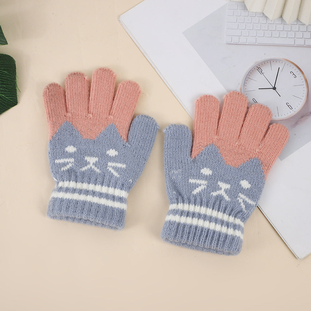 Winter Kidsren's Gloves Are Warm and Velvet to Prevent Cold. Primary School Students Write Boys and Girls Baby Sets Jacquard Gloves Kittens