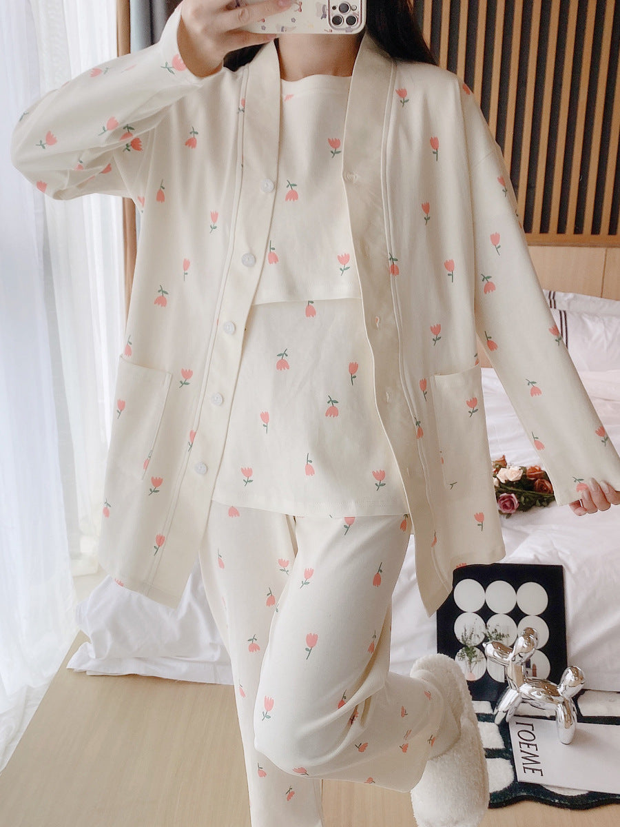 Spring and Autumn Cotton Short Sleeve Suit with Chest Pad Three-Piece Breastfeeding Pajamas Summer Pregnant Women Feeding
