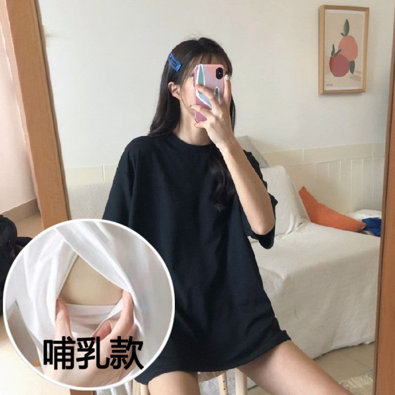 Maternity Breastfeeding T-shirt Summer Short-sleeved Mid-length 2023 New Loose plus size Breastfeeding Moon Dress