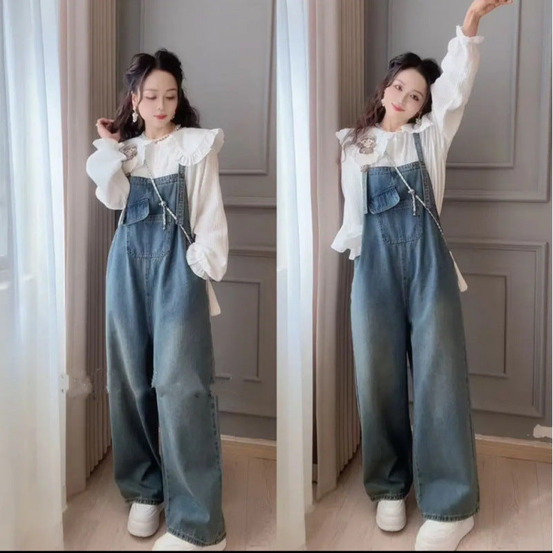 Fashion Maternity New Multi-Pocket Adjustable Pregnant Women's Denim Strappers Lace Doll Collar Shirt Set