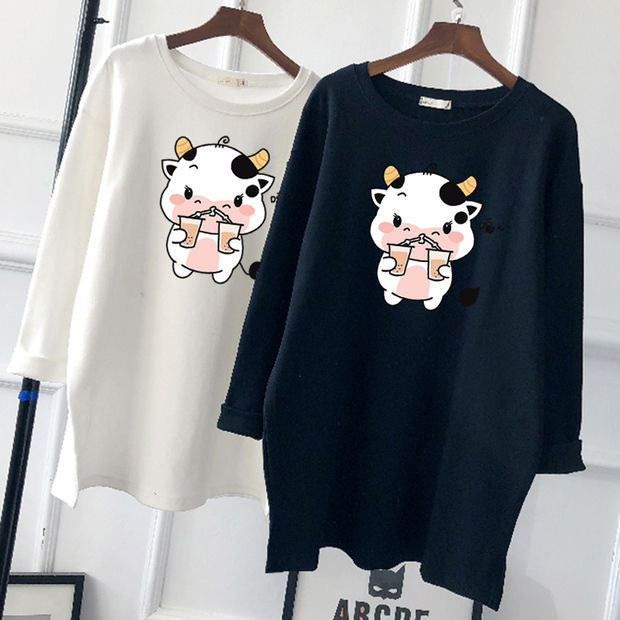 Pregnant Women's Autumn Cotton Top Mid-length Long-sleeved Loose Korean Fashion Trendy Mom's Pregnancy T-shirt Winter Base Shirt