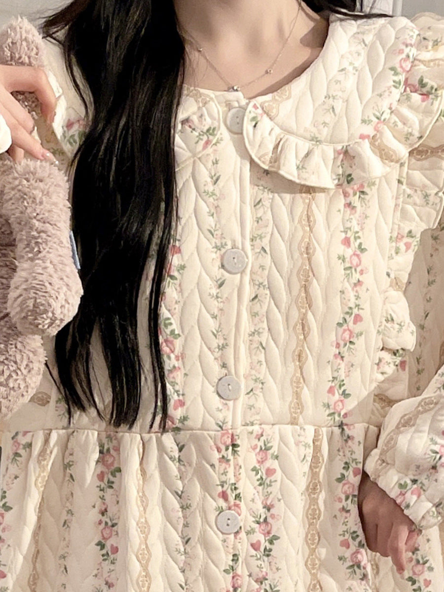 Lunar Clothing Spring and Autumn Air Cotton Thick Postpartum Breastfeeding dress Doll Collar Pregnant Women Pajamas for Outer Wear