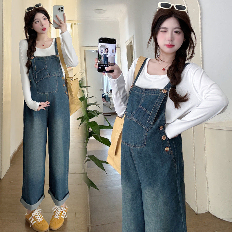 Pregnant women spring 2025 spring new Korean casual pregnant women Denim suspenders modal T suit two-piece set