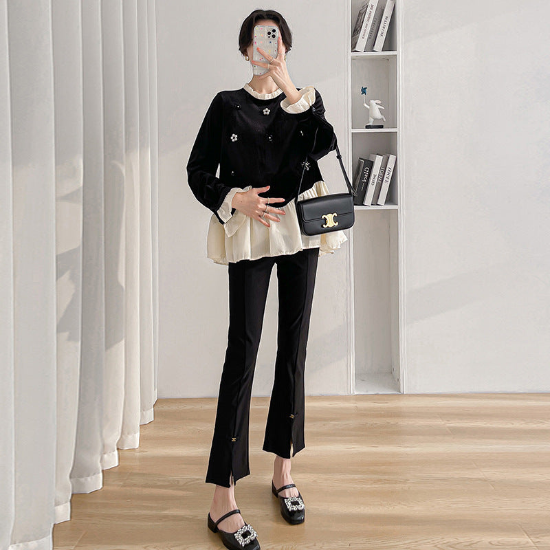 Real shot maternity clothes autumn new temperament fashion loose stitching velvet top belly pants two-piece set